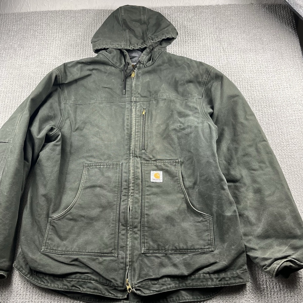 Carhartt Jacket Mens 2XL Green Canvas Hooded Full Zip Lined Faded Wash C68 DGR